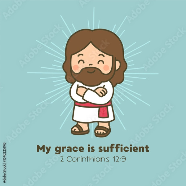 Fototapeta Confident Cartoon Jesus with Folded Arms and Grace Is Sufficient Quote