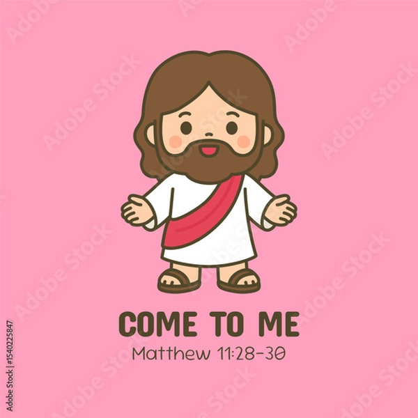 Fototapeta Jesus Extending Arms with Come to Me Invitation on Pink Background