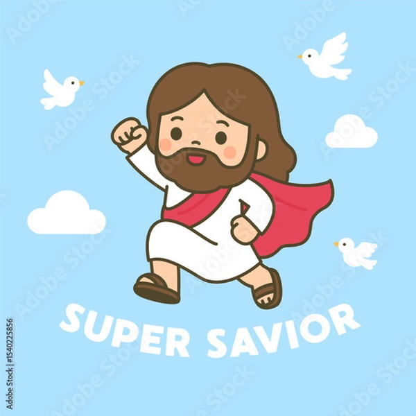 Fototapeta Cartoon Super Savior Jesus Flying with Cape and Doves on Blue Sky