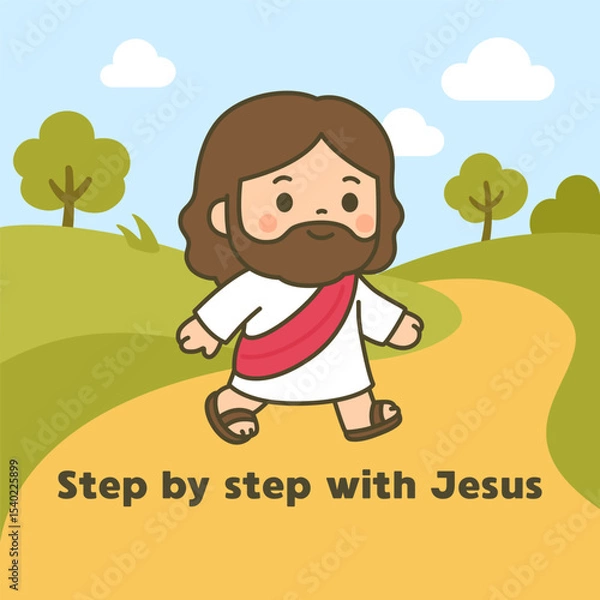 Fototapeta Cartoon Jesus Walking Step by Step on a Path through the Countryside