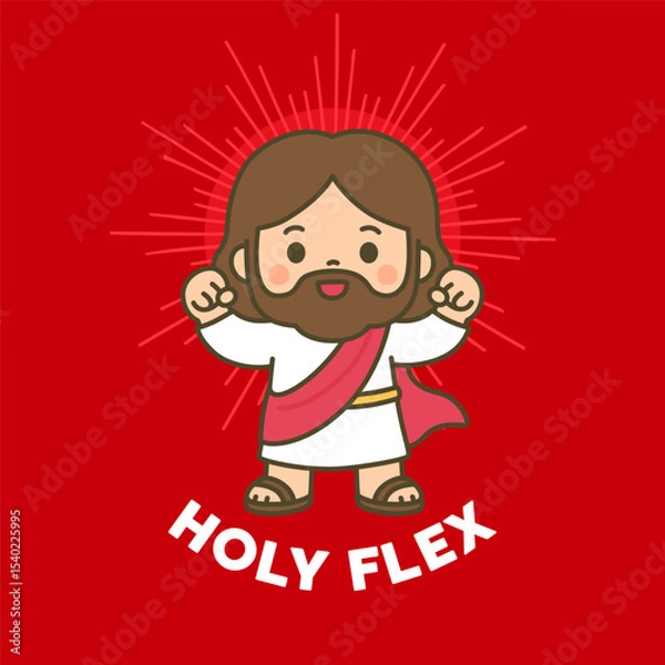 Fototapeta Powerful Cartoon Jesus Flexing Arms with Bold Holy Flex Message