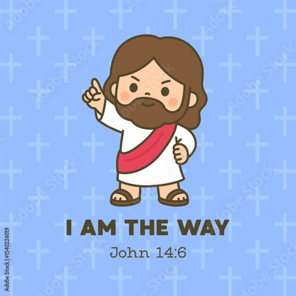 Fototapeta Chibi Jesus with Raised Finger and Blue Background Declaring I Am The Way Verse