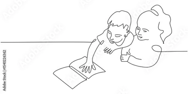 Fototapeta Continuous one line drawing with boy and girl reading open books. Vector single line illustration of children reading book.