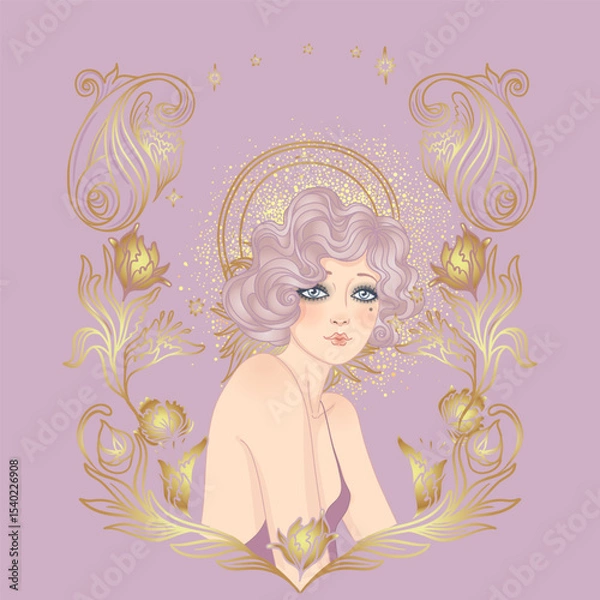 Fototapeta Art Deco design template with elegant flapper girl, geometric shapes, and decorative elements in dusty rose and gold tones. Perfect for invitations, fashion branding, events, or digital decor.