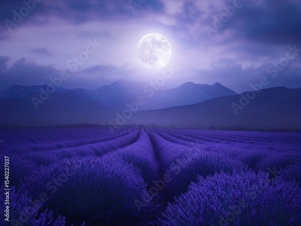 Fototapeta Serene lavender field under full moon night with mountainous horizon