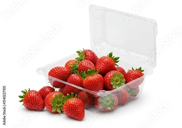 Fototapeta Open pack of fresh red ripe strawberries isolated on a white background