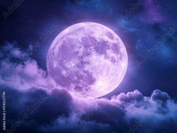 Fototapeta Celestial harmony: full moon with northern lights in mystical night sky