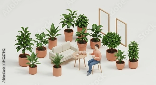 Obraz Pixel Art Tranquil Indoor Garden Scene with Person at Table and Minimalist Design