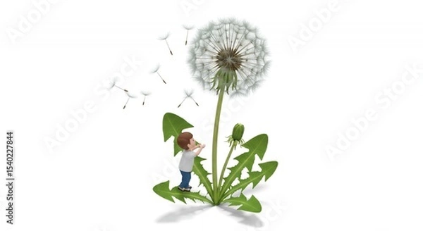 Obraz Pixelated Boy Blowing Dandelion Seeds on White Background A Whimsical Illustration of Nature and Childhood Dreams