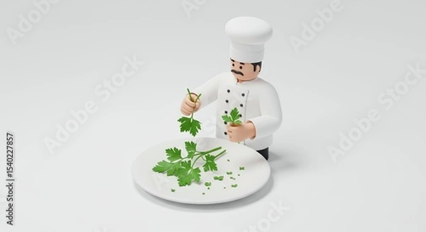 Obraz Pixelated Chef Arranging Parsley on a White Plate Isometric 3D Render on White Background