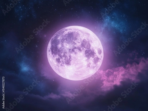 Fototapeta Enchanting full moon with northern lights in a starry night sky