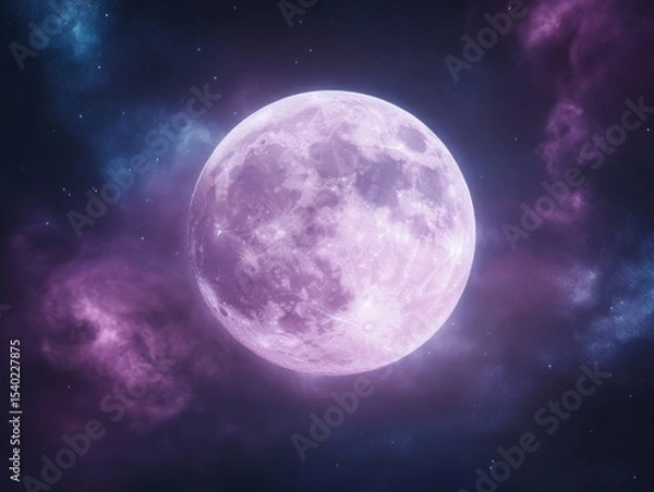 Fototapeta Enchanting full moon with northern lights in the cosmic night sky