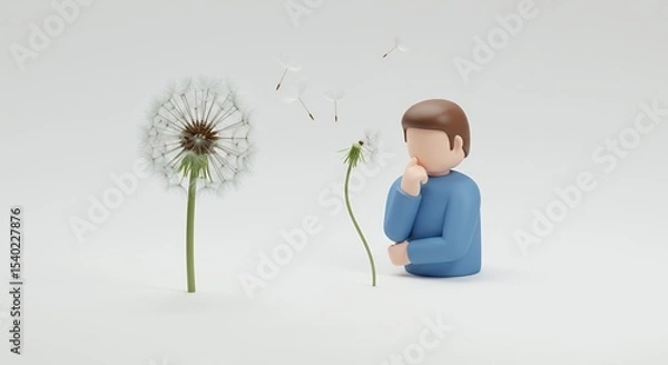 Fototapeta Pixelated Character Contemplating Dandelion Seeds in White Minimalist 3D Rendering