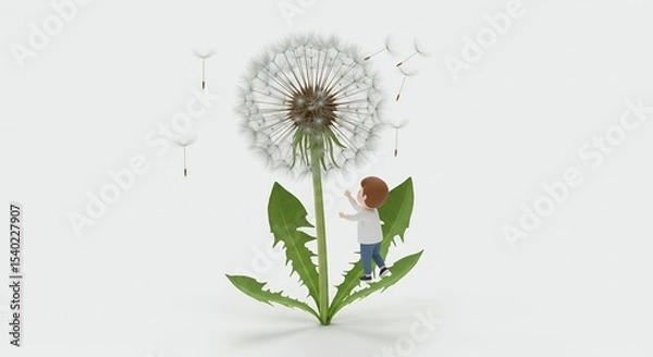 Obraz Pixelated Child Reaching for a Dandelion Seed on a Clean White Background Digital Art