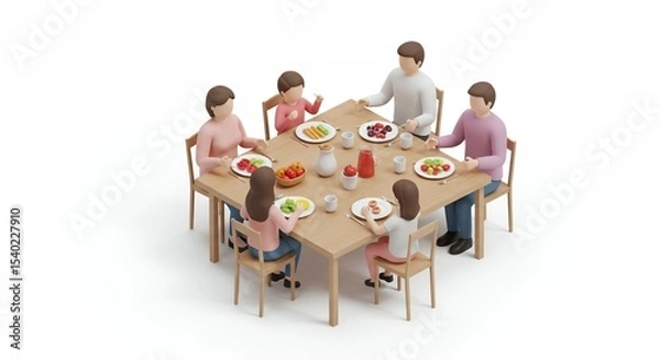 Obraz Pixelated Family of Six Enjoying Meal Around Wooden Table on White Background with Food and Drink
