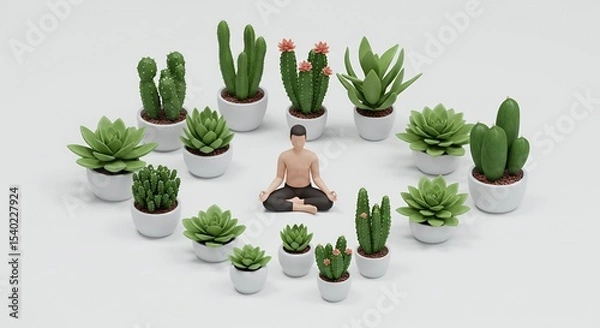 Obraz Pixelated Figure Meditating Among Circle of Cacti and Succulents on White Background