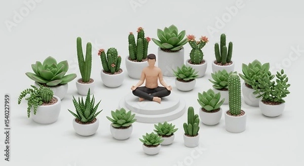 Obraz Pixelated Figure Meditating Among Potted Plants in Digital Still Life on White Background