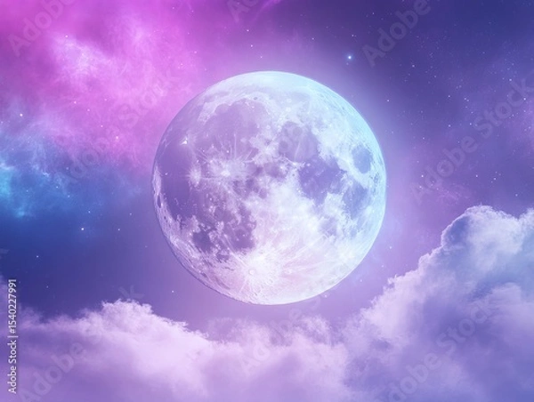 Fototapeta Mystical full moon and northern lights in a vibrant night sky
