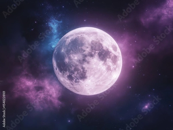 Fototapeta Full moon with northern lights in starry night sky