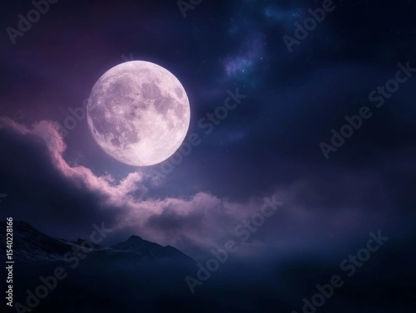 Fototapeta Mesmerizing full moon with northern lights over mountain landscape at night