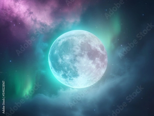 Fototapeta Enchanting full moon amidst northern lights above a mystical night sky