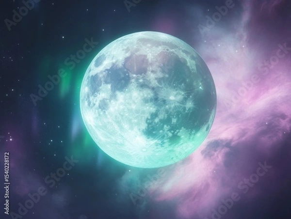 Fototapeta Full moon with northern lights in a cosmic night sky for celestial art and design