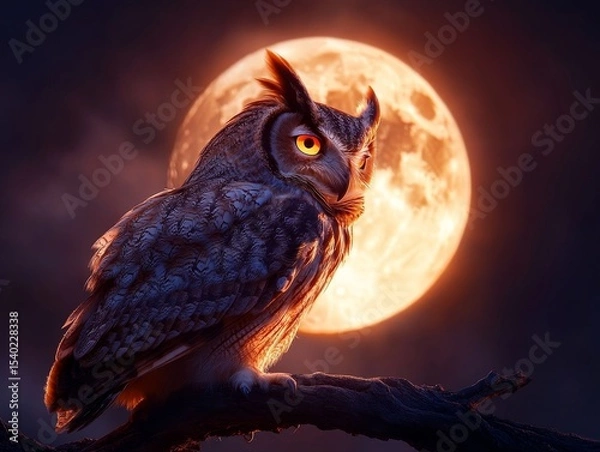Fototapeta Enchanted night with owl perched under glowing full moon phases