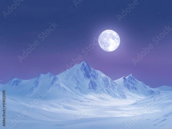 Fototapeta Majestic full moon over snow capped mountain peaks at night