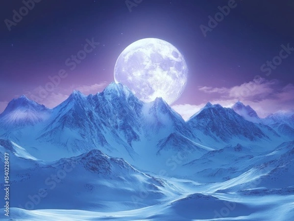 Fototapeta Full moon over snowy mountain peaks with tranquil night sky