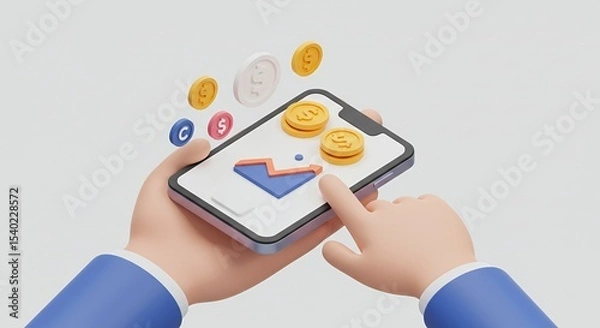 Fototapeta Smartphone with Upward Graph held in Hand with Coins and Clock on White Background