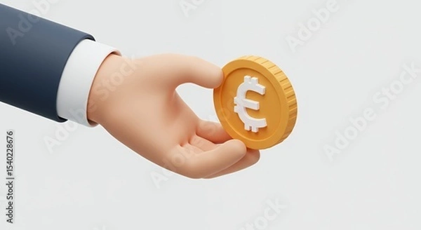 Obraz Stylized Hand Holding a Gold Euro Coin Against a Light Gray Background Symbolizing Financial Exchange and Investment in a Simple 3D Rendered Style