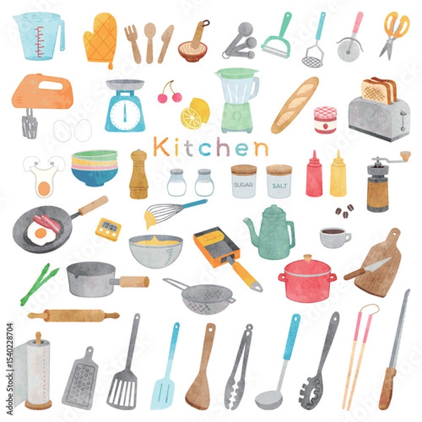 Obraz 手書き水彩風　キッチンアイテムイラストセット
