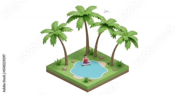 Obraz Woman Meditating by Blue Pond Surrounded by Palm Trees in Isometric 3D Render on Square Green Island Isolated Against White Background