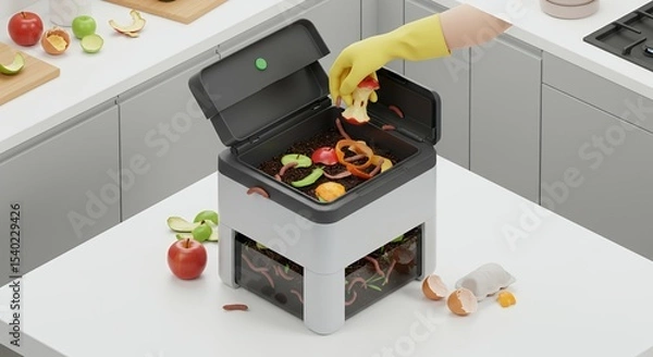 Obraz Worm Composting Bin on White Countertop in Kitchen with Hand Adding Food Scraps for Earth Day Waste Reduction Concept