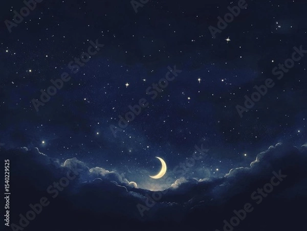 Fototapeta Serene night sky with new moon and stars for celestial themed design