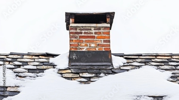 Fototapeta Residential house roof covered in snow showing chimney damage, layered and missing shingles, representing winter weather affects, aging structure, and urgent home maintenance issues