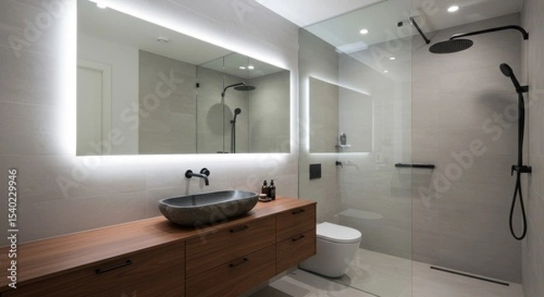 Fototapeta Modern Bathroom Design with Walk in Shower - Sleek modern bathroom featuring a large illuminated mirror, stone sink, wooden vanity, and a frameless glass walk-in shower