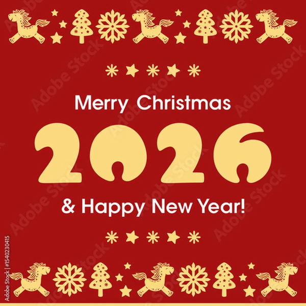 Fototapeta Two rectangular Christmas cards. Gold text 2026, Merry Christmas, Happy New Year on red and white background. Ratio 2:1. Border of snowflakes, fir trees, stars, symbol of Chinese New Year - cute horse