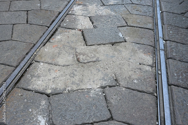 Fototapeta Tramway railway contruction site in Cordusio square, as the area  is undergoing a major redevelopment project.