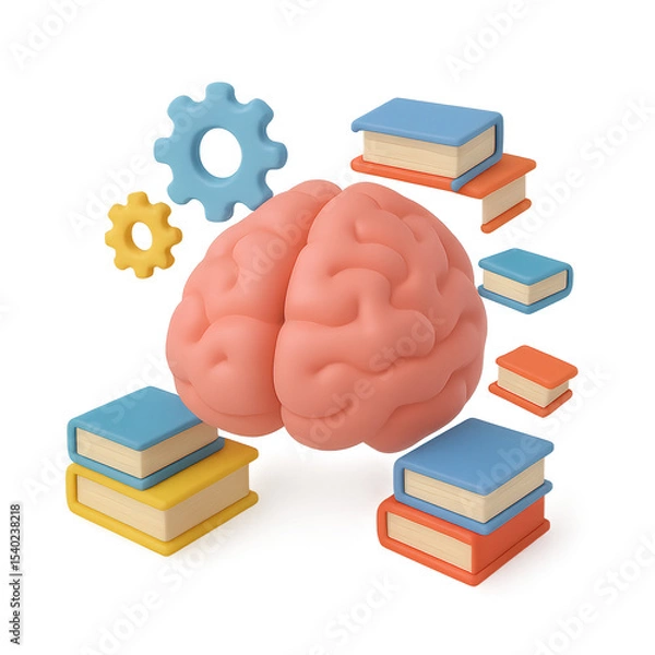 Fototapeta Brain surrounded by colorful books and gears on a transparent background. Concept of education, knowledge, intelligence, learning process, and mental development