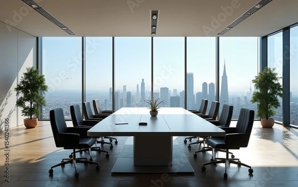 Fototapeta Modern meeting room with panoramic city view. High quality