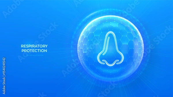 Fototapeta Human nose and respiratory system care. Protection from viruses, dust and allergens. Healthcare. Nose icon inside protection sphere shield with hexagon pattern on blue background. Vector illustration.