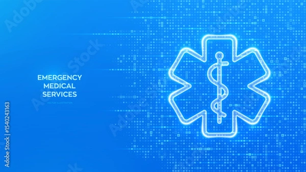 Fototapeta Emergency medical services icon on blue medical background made with cross shape symbol. Emergency call. Online medical support. Medicine and healthcare application. Vector illustration.