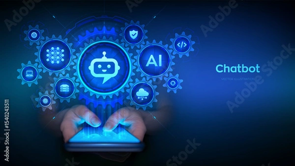 Fototapeta Chatbot. Using Chatbot app on smartphone. Smart assistant. Chatbot assistant conversation. AI. Artificial Intelligence and mobile technology concept. Neural network. AI agent. Vector illustration.
