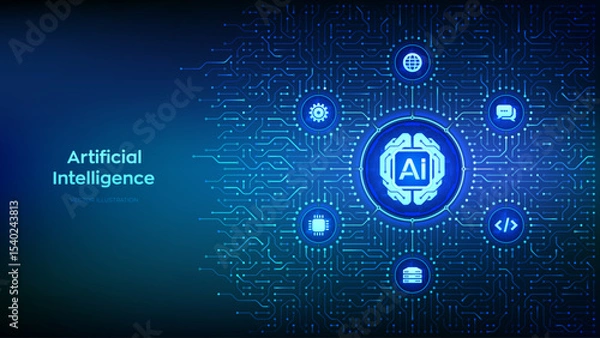 Fototapeta AI. Artificial Intelligence technology. Digital brain. Neural network. Machine learning. Deep learning. Big data analysis. Background with circuit board connections and tech icons. Vector Illustration