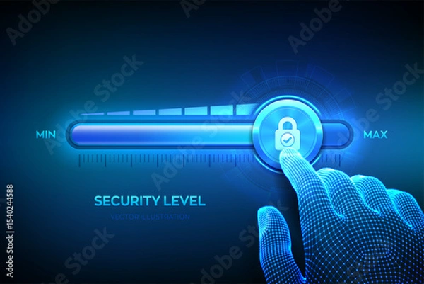Fototapeta Increasing Security level. Cyber security concept. Network security. Wireframe hand is pulling up to the maximum position progress bar with the lock icon. Enhance data protection level. Vector.