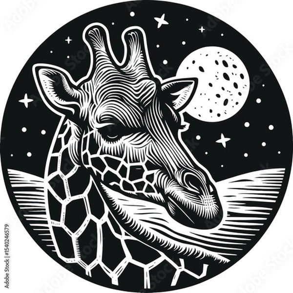 Obraz Captivating black and white circular illustration depicts a giraffe's head against a starry night sky with a full moon, rendered in a striking linocut style. Nocturnal Grace: Giraffe Under the Moonlig