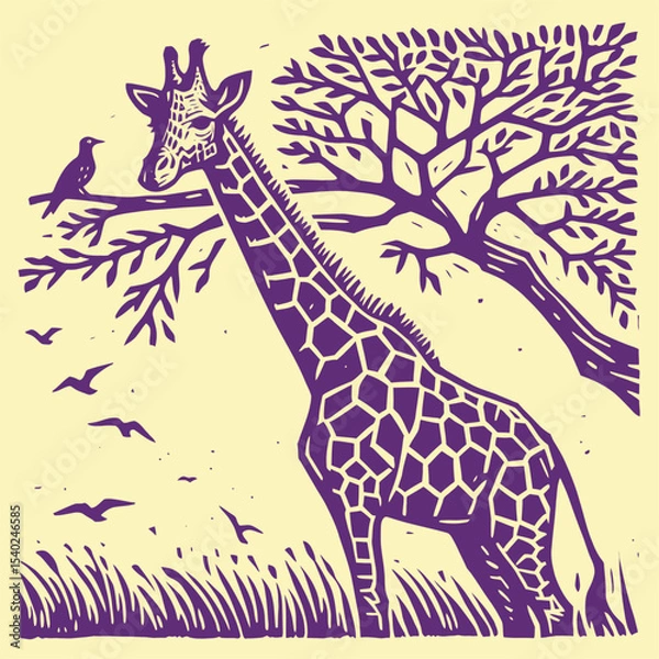 Obraz Majestic Giraffe in a Serene African Landscape. Stylized illustration depicts a tall giraffe beneath a tree, with birds flying overhead, capturing the essence of wildlife. Safari Serenade: Giraffe, Bi