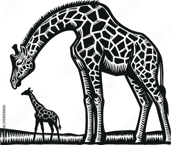 Obraz Tender Bond: Mother Giraffe and Calf. This striking black and white illustration depicts a large giraffe affectionately looking down at a small calf, rendered in a distinctive linocut style, ideal for