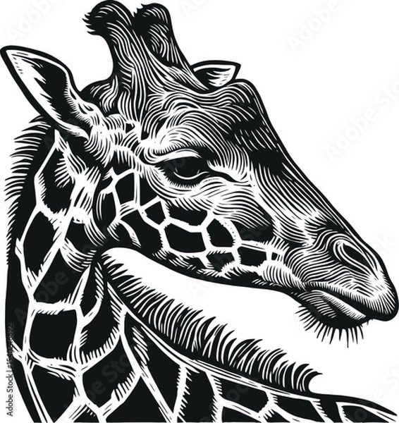 Obraz Intricate Giraffe Portrait in Linocut Style. A detailed black and white illustration focuses on the textured features of a giraffe's head and neck, showcasing its distinctive patterns in a striking gr